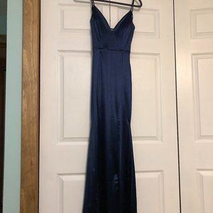 Fitted Navy Blue Full Length Formal Lattice Dress
